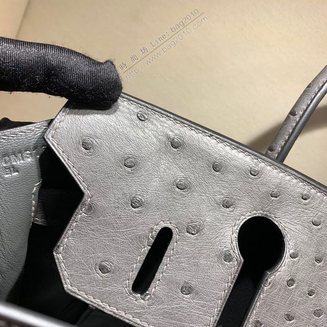 Hermes女包 愛馬仕Birkin30cm Hermes鉑金包 Ostrich鴕鳥皮 全手縫蠟線 8F Etain錫器灰  am1906